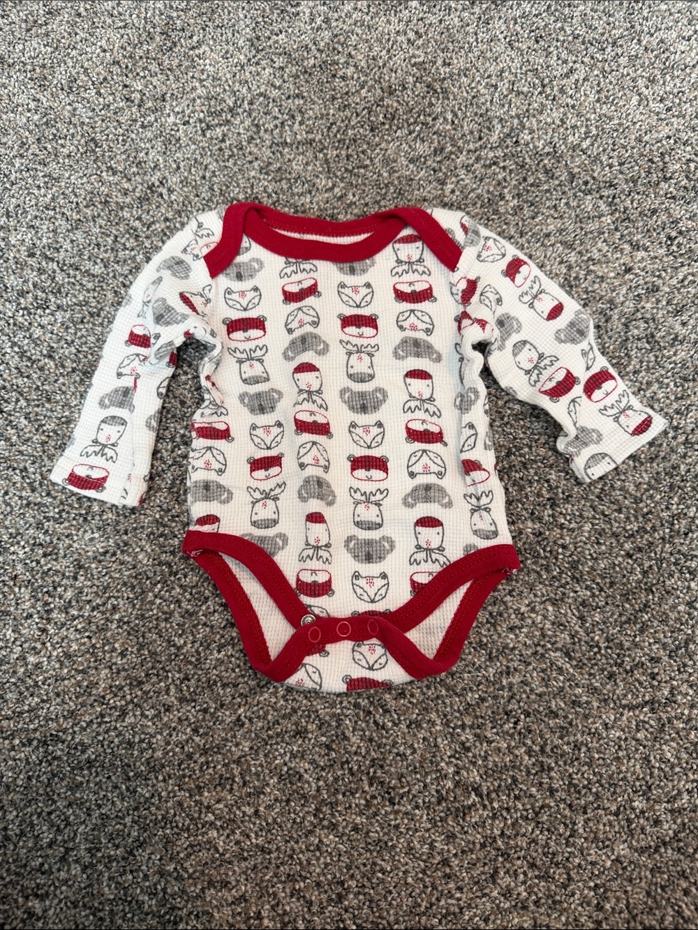 Red-Trim Fox Print Waffle Knit Baby One-Piece